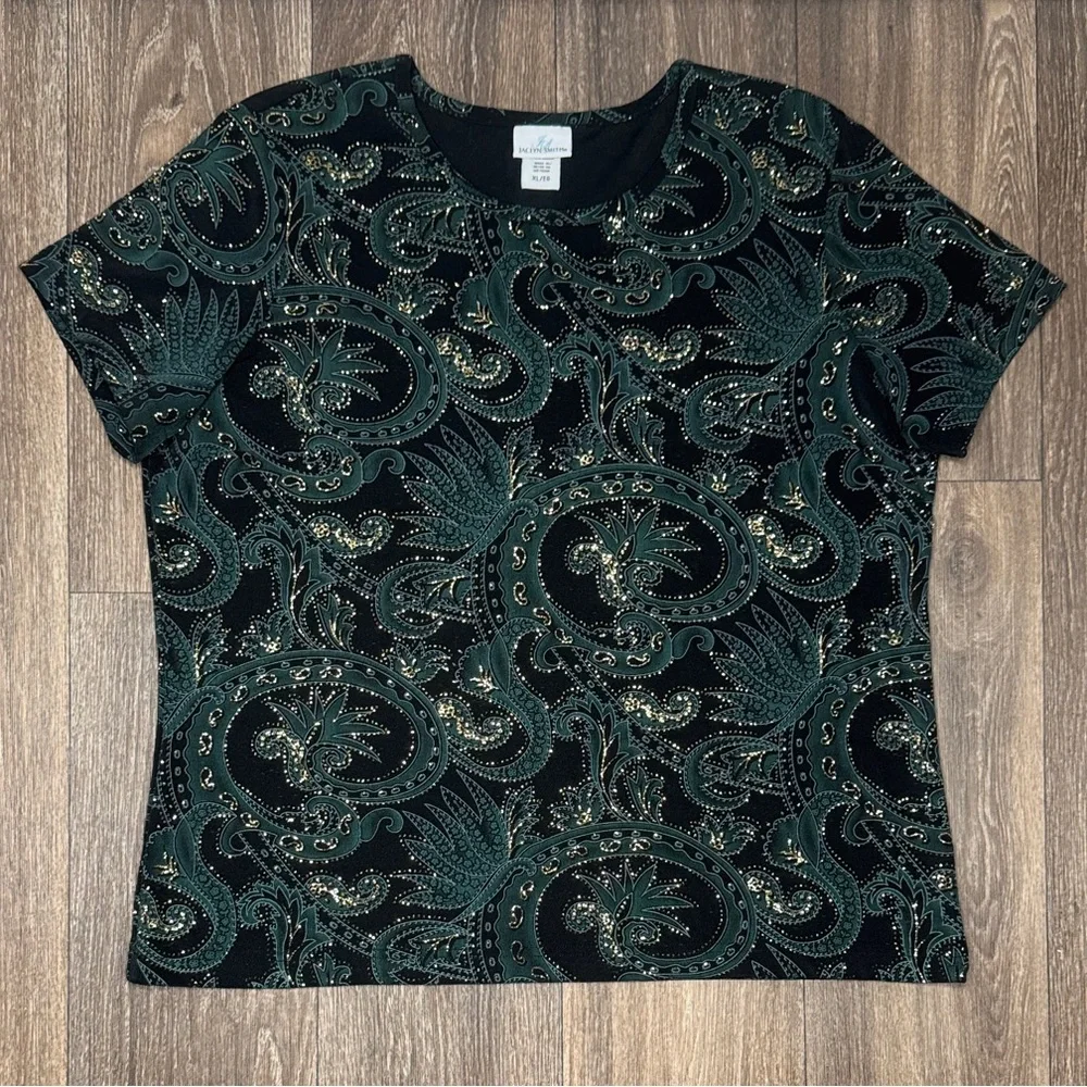 Jaclyn Smith Black and Green Paisley Short Sleeve Top Women’s Size XL - Picture 1 of 13